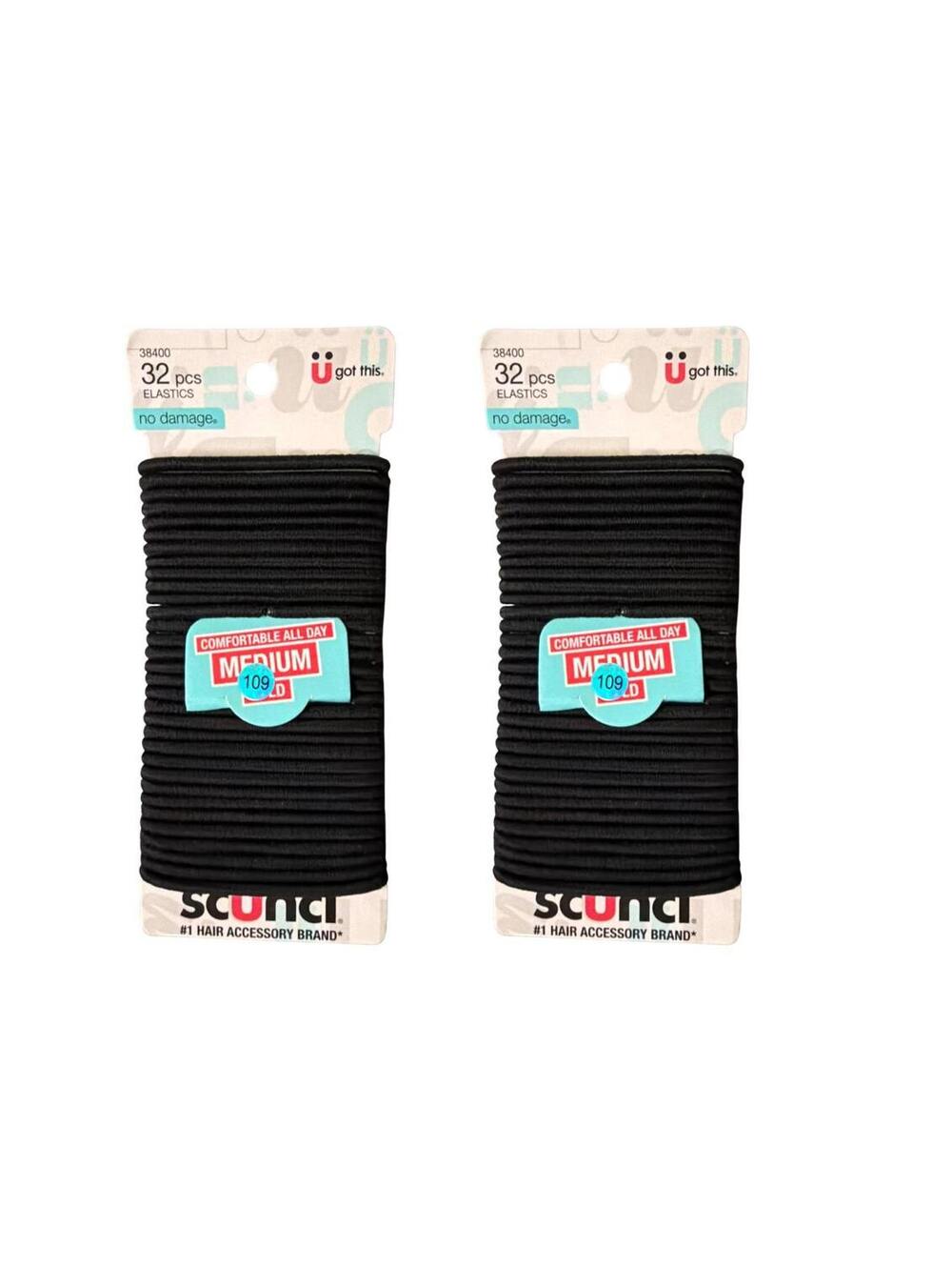 Scunci No Damage Hair Elastics Black Medium Hold 32 Count Ponytail Ties 2 Pack